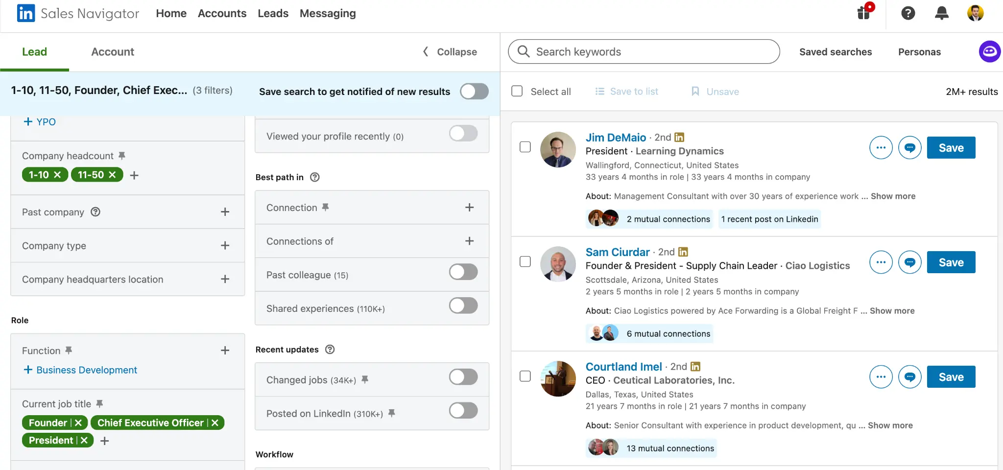 LinkedIn Sales Navigator lead search filtered by company headcount 1–50 and titles Founder, CEO, and President