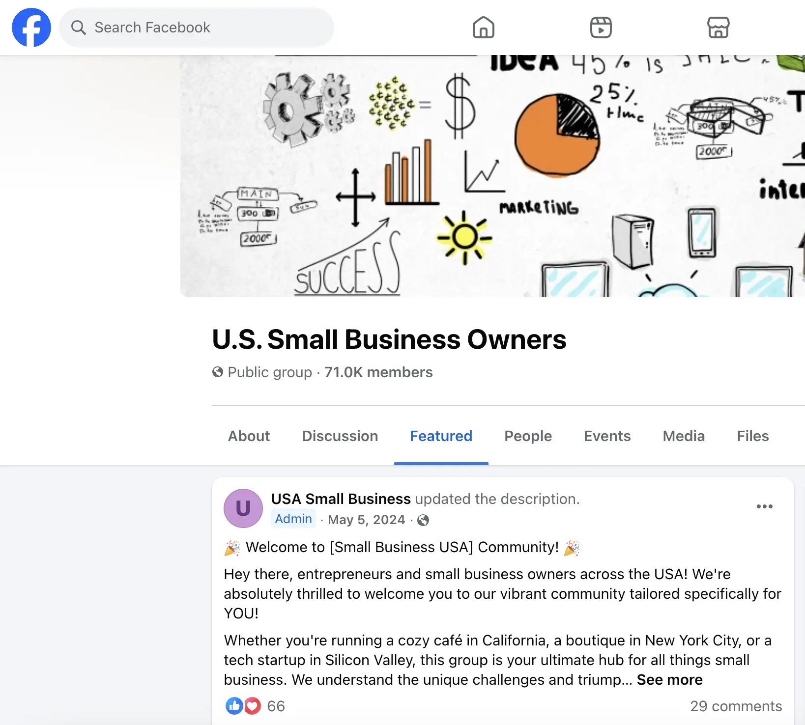 Facebook group page for U.S. Small Business Owners, a public group with 71,000 members