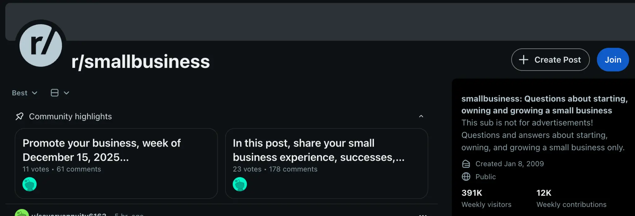 Reddit r/smallbusiness community page with 391K weekly visitors