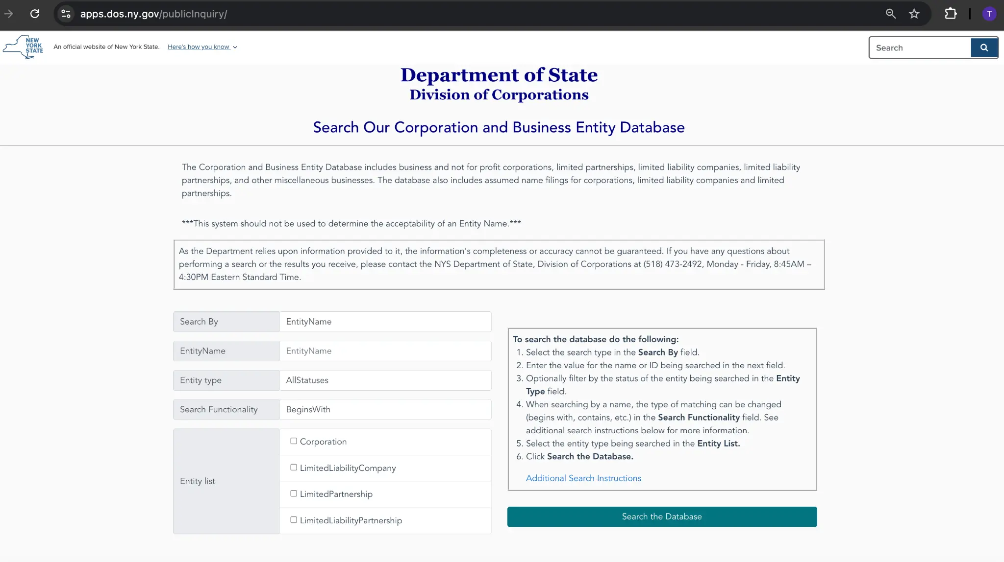 New York Department of State corporation and business entity database search form